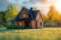Cozy brick cottage with warm glowing windows at sunset, surrounded by green lawn and bokeh effect background, miniature tilt-shift style photography effect.
