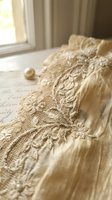 Cream lace fabric with ornate embroidered details draped on vintage letter, pearl accessory nearby, soft natural window light, elegant home decor styling.