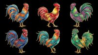 Rooster illustrations in vibrant colors, isolated on transparent background. Ready for t-shirt designs, clipart, stickers, print-on-demand products, and sublimation projects.