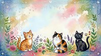 Three cute cats sitting among colorful flowers in a watercolor style frame with copy space, perfect for greeting cards and pet-themed designs.