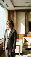 Middle-aged woman with shoulder-length brown hair, Caucasian ethnicity, wearing charcoal blazer over white shirt, standing in modern office lobby with floor-to-ceiling windows, wooden paneling, and contemporary furniture, looking toward natural light.