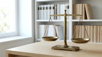 Brass scales of justice on wooden desk in bright office with law books, symbolizing legal balance, fairness and judicial system for attorney workspace.