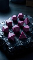 Magenta geometric polyhedral dice arranged on dark textured stone surface, suitable for tabletop gaming, fantasy role-playing campaigns, and dungeon master collections.