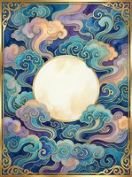 Chinese traditional art style card with swirling clouds in blue and gold tones, featuring a round blank center frame for text or logo.