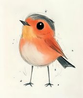 Charming orange robin bird sketch with soft watercolor effect on cream background, featuring round body, black eyes and delicate pencil details for feathers and legs.