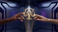 Two hands reaching toward glowing golden scales of justice in futuristic corridor representing legal balance, fairness and judicial decision making.