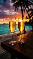 Two champagne flutes filled with sparkling wine on wooden table at tropical beach sunset with palm trees and turquoise ocean for romantic celebration and vacation.