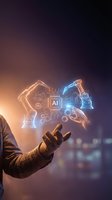 Businessman hand presenting holographic AI robotic arms with circuit board technology in futuristic digital automation concept for industry innovation.