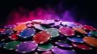 Colorful casino poker chips scattered on dark surface with dramatic purple and pink lighting creating atmospheric gambling entertainment scene.