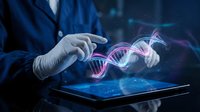 Scientist in lab coat manipulating holographic DNA double helix structure above digital tablet for genetic research and biotechnology applications.