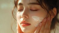 Young Asian woman applying moisturizing cream on cheek in warm sunlight, eyes closed with serene expression, demonstrating skincare routine and beauty concept.