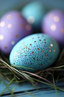 Speckled pastel Easter eggs in turquoise and purple with metallic gold dots nestled in fresh green grass, creating festive spring holiday atmosphere with soft bokeh effect.