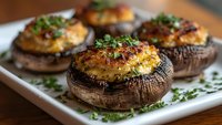 Stuffed portobello mushroom caps with melted cheese and herbs on white plate, close up view of baked appetizers garnished with fresh parsley.