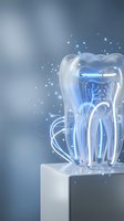 Transparent glass tooth with glowing blue light effects and sparkling particles on gradient background for dental care and oral health concepts.