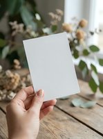 Hand holding blank white card mockup on wooden table with dried flowers and plants in soft natural light for branding design projects.