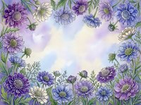 Watercolor floral frame with purple and blue wildflowers on soft lavender background, perfect for greeting cards, invitations, and nature-themed designs.