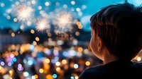Young boy watching fireworks display from window, silhouetted against colorful bokeh lights and sparkling pyrotechnic show in night sky, creating magical holiday atmosphere.