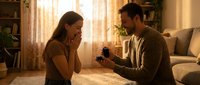 Young Caucasian man proposing to surprised woman with engagement ring in cozy living room during golden hour sunset light creating romantic atmosphere.