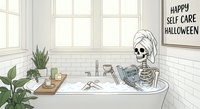 Skeleton relaxing in bathtub with towel wrapped around skull in modern bathroom setting. Humorous Halloween self-care concept for seasonal wellness content.