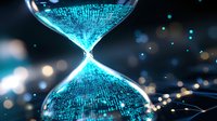 Digital data flowing through hourglass shape with glowing blue binary code and light particles on dark background, symbolizing time management and technology.