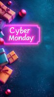 Glowing neon Cyber Monday sign with wrapped gift boxes and red ornaments on dark blue textured background with sparkles and gradient lighting effects.
