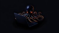 Futuristic robotic octopus with glowing orange lights operating laptop computer on dark background for technology and artificial intelligence concepts.