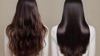 Long dark brown hair before and after keratin treatment comparison showing wavy natural texture versus straight smooth result in beauty salon advertisement.