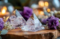 Crystal pyramids with rose quartz on wooden surface surrounded by purple flowers and glowing candles creating mystical spiritual atmosphere.