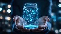 Glowing magical jar with sparkling blue lights held in hands against dark background with bokeh effect, creating mystical atmosphere and wonder.