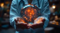 Medical professional holding glowing crystal ball with orange energy network pattern, symbolizing healthcare technology and future medicine innovations in dark setting.