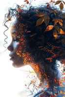 Female profile silhouette with autumn leaves and branches creating double exposure effect against white background, combining nature and portrait in artistic style.