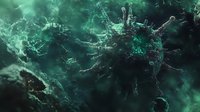 Microscopic view of emerald green virus particles floating in dark space with detailed protein spikes and molecular structures creating atmospheric effect.