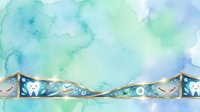Watercolor wash in soft turquoise, mint green and lavender tones with decorative patterned border strip featuring whimsical motifs and ornamental details. Isolated design element.