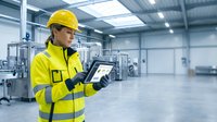 Engineer in yellow safety vest and hard hat using digital tablet in modern industrial factory warehouse setting.
