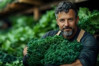 Mature Caucasian male farmer with gray beard holding fresh organic kale in greenhouse setting. Natural lighting highlights sustainable agriculture and healthy eating lifestyle.