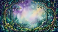 Enchanted forest clearing with ancient trees framing magical glowing light, mystical atmosphere with purple and teal hues, fantasy woodland landscape for digital art and design projects.