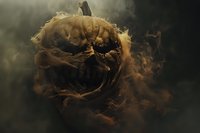Spooky carved pumpkin with glowing eyes and menacing expression surrounded by dark fog and smoke, perfect for Halloween designs, horror themes, and seasonal marketing materials.