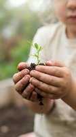 Child holding young seedling with soil in hands outdoors, environmental education and nature conservation concept for sustainable growth and eco-friendly learning.