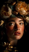 Young woman with heterochromia wearing elaborate peony flower crown against dark background, dramatic lighting highlighting facial features.