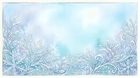 Frost patterns and ice crystals form ornate borders on winter window glass with soft blue and white gradient sky background.