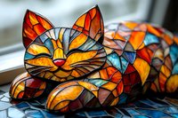 Colorful stained glass cat figurine with geometric mosaic pattern in orange, blue and red tones, lying in relaxed pose, artistic home decoration piece.