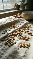 Raw pistachio nuts scattered on linen cloth near window with natural sunlight creating warm shadows and cozy kitchen atmosphere for healthy snacking concepts.