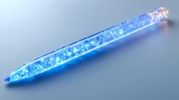 Glowing blue crystal pen with transparent body filled with luminescent liquid and sparkling particles on gray background, modern stationery design element.