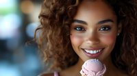 Young African American woman with curly hair and bright smile holding pink ice cream cone against blurred background, expressing joy and satisfaction.