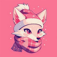 Cute arctic fox wearing winter hat and plaid scarf on pink background with snow dots, cartoon style illustration for children's books and holiday designs.