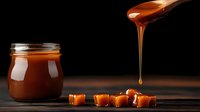 Golden caramel sauce dripping from spoon into glass jar with caramel candies on dark wooden surface for dessert and confectionery recipes.