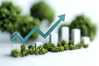 Upward trending arrow with green trees and white columns representing sustainable business growth and environmental responsibility in finance concept.