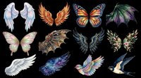Colorful fantasy wings collection isolated on transparent background. Includes angel, demon, fairy, dragon, butterfly, and bird wings. Ready for t-shirt design, clipart, stickers, sublimation, and print-on-demand projects.