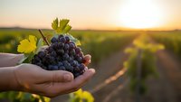 Hands holding fresh purple grapes with green leaves at sunset in vineyard rows during harvest season for winemaking and agricultural production.