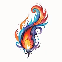 Vibrant flame artwork combining fire and water elements in swirling motion, featuring orange, blue and purple colors on white background, isolated design for creative projects.